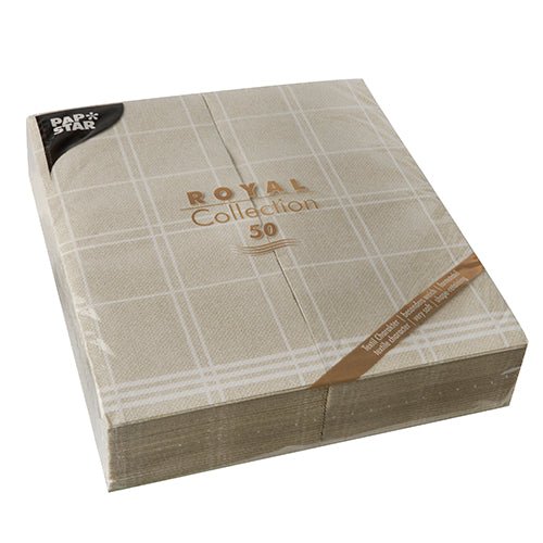 Pakkaus, jossa on 50 PAPSTAR Kitchen Craft lautasliinaa (48 x 33 cm, 1/6-taitto) PAPSTAR GmbH "ROYAL Collection" beige valkoisella ruutukuvioinnilla, ihanteellinen tyylikkääseen pöytäkoristeluun ja pakattu kirkkaaseen kalvoon.