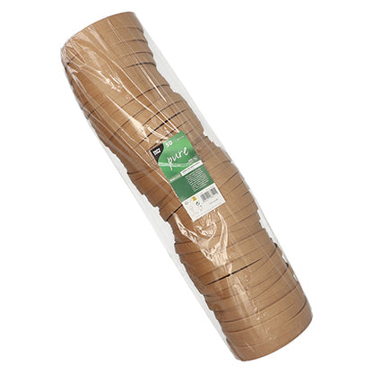 Pino ruskeita PAPSTAR "pure" kansia salaattikulhoille (15 cm, pyöreä, 50 kappaletta) on pakattu kirkkaaseen muoviin vihreä-valkoisella etiketillä PAPSTAR GmbH:lta, mikä korostaa ympäristöystävällistä pakkausta.