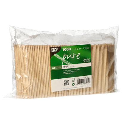1.000 kappaletta PAPSTAR Fingerfood-vartaita puusta "pure" (Ø 3 mm, 10 cm) PAPSTAR GmbH:lta kirkkaasta muovista vihreä-valkoisella etiketillä, ihanteellisia ravintoloihin.