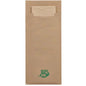 Eine braune PAPSTAR 520 Bestecktasche (20 x 8,5 cm) aus 2-lagigem Material mit passender Serviette und grünem „100% FAIR“-Blatt-Label am Boden. Ideal für Besteck, von der PAPSTAR GmbH.