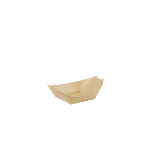 Pieni PAPSTAR GmbH Fingerfood-kulho puusta "pure" -tarjotin laivan muotoilulla (8,5x5,5 cm), 12 kappaleen pakkaus, hieman kohotetulla reunalla, valkoisella pohjalla.