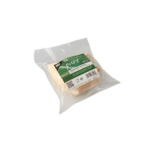 Läpinäkyvä muovipakkaus sisältää 12 PAPSTAR Fingerfood-kulhoa puusta "pure" laivan muotoilulla (8,5x5,5cm) PAPSTAR GmbH:lta, vihreä-valkoisella etiketillä, jossa on kierrätys- ja ympäristömerkki.