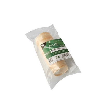 Läpinäkyvä muovipakkaus, jossa on 12 PAPSTAR Fingerfood-kulhoa puusta "pure", pyöreä, Ø 4,5 cm PAPSTAR GmbH:lta, vihreä-valkoisella etiketillä (tekstiä, viivakoodeja, QR-koodi), kuvattuna yksinkertaisella valkoisella taustalla.