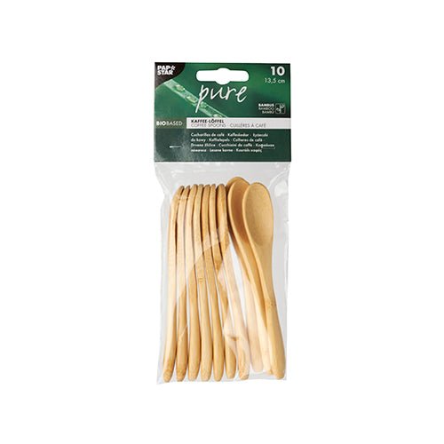 Läpinäkyvä pussi sisältää 10 PAPSTAR "pure" bambuista kahvilusikkaa (13,5 cm), ympäristöystävällisesti pinottuina, vihreä-valkoisella etiketillä yläpuolella. Kestävät lusikat ovat PAPSTAR GmbH:n pakkauksessa sinetöityinä.