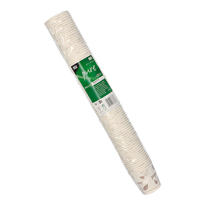 Pakkaus, jossa on 60 kertakäyttökuppia 80 „pure“ PAPSTAR GmbH:lta valkoisesta kartongista, pinottu ja pakattu läpinäkyvään suojukseen vihreällä „pure“-etiketillä ja tuoteinformaatiolla.