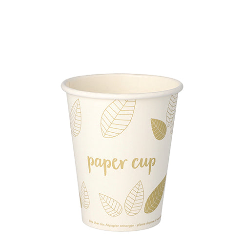 PAPSTAR GmbH 50 juomakuppia, pahvi ”pure” ”ZERO”, valkoinen kultalehtikuviolla ja ”paper cup” -painatuksella, kestävistä materiaaleista, seisoo pystyasennossa valkoista taustaa vasten.