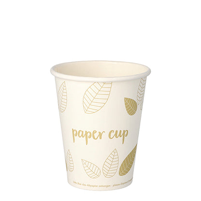 PAPSTAR GmbH 50 juomakuppia, pahvi ”pure” ”ZERO”, valkoinen kultalehtikuviolla ja ”paper cup” -painatuksella, kestävistä materiaaleista, seisoo pystyasennossa valkoista taustaa vasten.