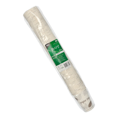 Suljettu pakkaus, jossa on 80 juomakuppia, pahvia „pure“ PAPSTAR GmbH:lta: 80 yksinkertaista ruskealehtikuvioista kertakäyttöpahvikuppia, pinottu ja muovikelmuun kääritty vihreä-valkoisella etiketillä.