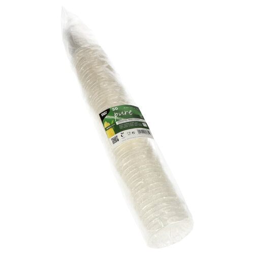 Pakkaus, jossa on 50 PAPSTAR GmbH kylmäjuomamukia PLA "pure" kirkas kertakäyttömuki, biologisesti hajoava, yksittäin ja läpinäkyvästi pakattu - ihanteellinen kylmille juomille.