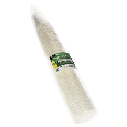 Pakkaus, jossa on 50 PAPSTAR GmbH kylmäjuomamukia PLA "pure" kirkas kertakäyttömuki, biologisesti hajoava, yksittäin ja läpinäkyvästi pakattu - ihanteellinen kylmille juomille.