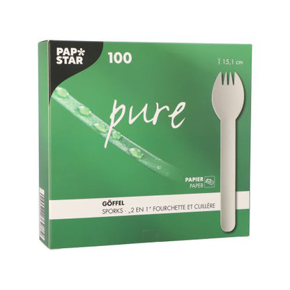 Valkoinen PAPSTAR Pure-laatikko saksalaisella ja ranskalaisella merkinnällä sisältää 100 ympäristöystävällistä, kestävää Göffeliä PAPSTAR GmbH:lta, joiden pituus on 16 cm. Laatikossa on kuvattuna Göffel.