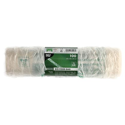 Eine Rolle mit 100 PAPSTAR Hemdchen-Tragetaschen aus transparenter Bio-Folie (Knotenbeutel) ist in Folie verpackt und trägt ein grünes und weißes Etikett mit Produktdetails sowie umweltfreundlichen Symbolen.