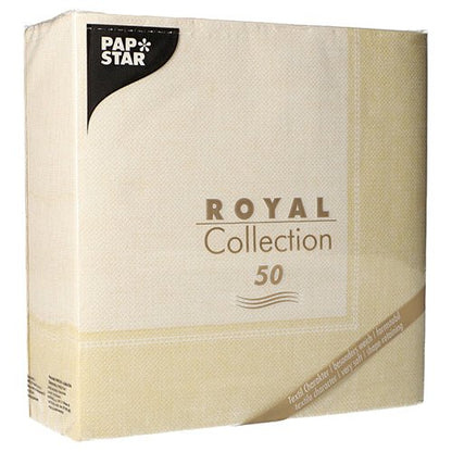 Paketti, jossa on 50 PAPSTAR GmbH "ROYAL Collection" lautasliinaa, 40x40 cm, 1/4-taitettuina, samppanjanvärisinä, elegantilla beigellä pakkauksella ja kultaisella ja mustalla tekstillä.