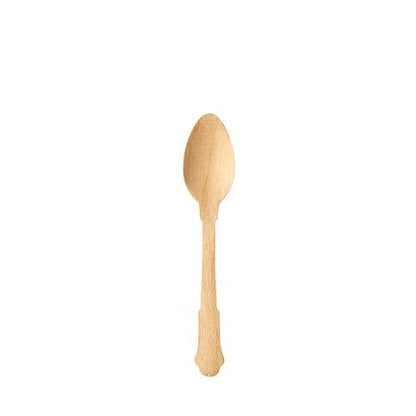 Yksi yksittäinen PAPSTAR kahvilusikka puu "pure" (12 cm, luonnollinen, vintage-design) PAPSTAR GmbH:ltä seisoo keskellä yksiväristä valkoista taustaa.