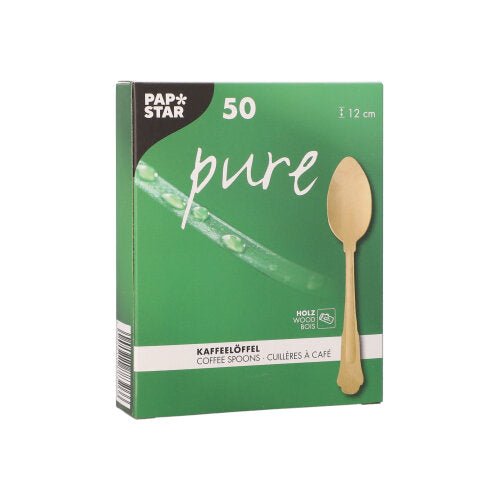 Vihreä PAPSTAR-laatikko, jossa on teksti "pure", sisältää 50 kahvilusikkaa puusta vintage-designilla (12 cm), lusikan kuva etupuolella ja teksti saksaksi ja englanniksi. Merkki: PAPSTAR GmbH.
