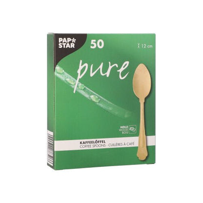 Vihreä PAPSTAR-laatikko, jossa on teksti "pure", sisältää 50 kahvilusikkaa puusta vintage-designilla (12 cm), lusikan kuva etupuolella ja teksti saksaksi ja englanniksi. Merkki: PAPSTAR GmbH.