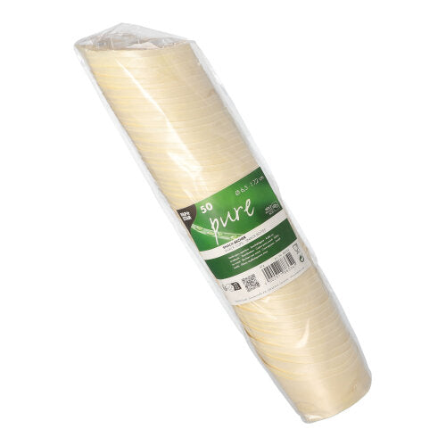 50 PAPSTAR puista „pure“ välipala-astiaa (7,2 cm korkea) PAPSTAR GmbH:lta, pakattuna läpinäkyvään kalvoon vihreä-valkoisella etiketillä – täydellinen ympäristöystävälliseen välipalojen tarjoiluun.