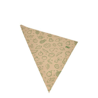 Die PAPSTAR 1000 kartiopussia, ruskea voimapaperi 'Fruits & Vegs' PAPSTAR GmbH:lta ovat ympäristöystävällisiä, ruskeita kolmionmuotoisia paperiservettejä vihreillä reunustetuilla hedelmä- ja vihanneskuvioilla.