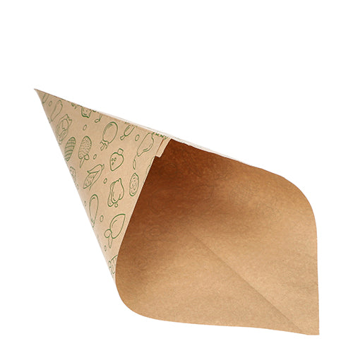 Die PAPSTAR 1000 Spitztüten, Kraftpapier braun „Fruits & Vegs“ der PAPSTAR GmbH werden leer abgebildet, mit hellgrünen Obst- und Gemüseillustrationen, fotografiert vor weißem Hintergrund.