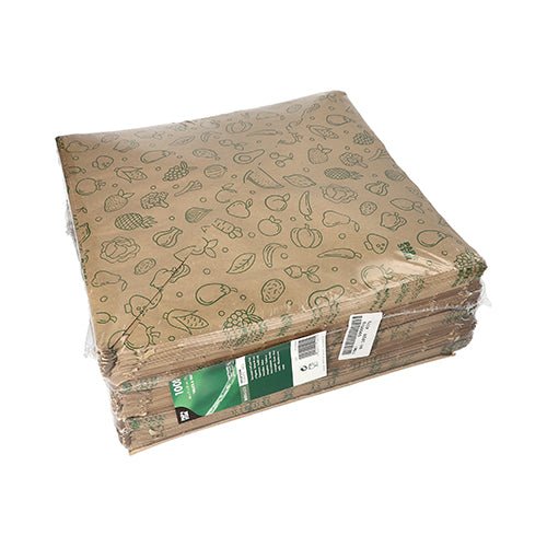 PAPSTAR 1000 kartiopussia ruskeasta voimapaperista 'Fruits & Vegs' vihreillä ruokakuvioilla, kirkkaassa pussissa vihreä-valkoisella tarralla - ihanteellinen ympäristöystävälliseen hedelmien ja vihannesten kuljetukseen.