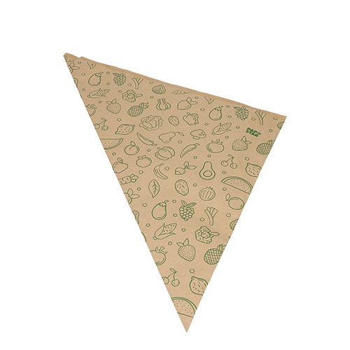 Kolmionmuotoinen ruskea voimapaperiarkki '1000 kartiopussia Obst & Gemüße' -sarjasta PAPSTAR GmbH:lta, jossa on vihreitä viivapiirroksia hedelmistä, vihanneksista ja lehdistä yksinkertaisella valkoisella taustalla.