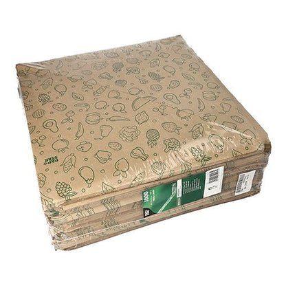 Pino PAPSTAR 1000 kartiopussia, ruskea voimapaperi 'Fruits & Vegs' PAPSTAR GmbH:lta, vihreillä hedelmä- ja vihanneskuvioilla, pakattuina läpinäkyvään kalvoon ja sivussa vihreä-valkoinen etiketti.