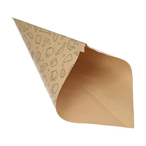 Die PAPSTAR 1000 kartiopussia ruskea voimapaperi 'Fruits & Vegs' PAPSTAR GmbH:lta ovat tyylikäs, ympäristöystävällinen pussi vihreällä hedelmä- ja vihanneskuviolla sisällä, ihanteellinen kestävään välipalojen tarjoiluun. Tyhjänä esitettynä valkoisella taustalla.