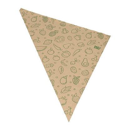 Die PAPSTAR 1000 kartiopussia PAPSTAR GmbH ovat ruskeita, kolmionmuotoisia voimapaperipusseja, joissa on vihreä hedelmä- ja vihanneskuvio - täydellisiä ympäristöystävällisiksi pusseiksi hedelmien ja vihannesten kuljetukseen.