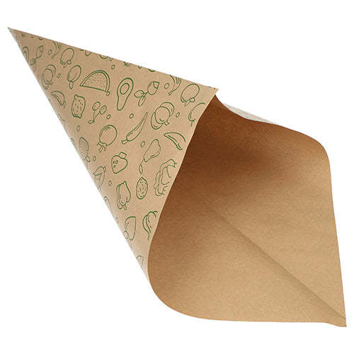 Die PAPSTAR 1000 kartiopussia, ruskea voimapaperi 'Fruits & Vegs' PAPSTAR GmbH:lta ovat tyhjiä, osittain avattuja elintarvikepusseja vaaleanvihreillä hedelmä- ja vihanneskuvioilla - ihanteellisia ympäristöystävälliseen hedelmien ja vihannesten kuljetukseen.