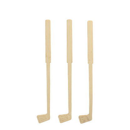 Kolme PAPSTAR 100 bambusta valmistettua juomasekoitinta ”pure” PAPSTAR GmbH:lta, muotoiltu golfmailoiksi, seisoo pystyssä rivissä valkoisella taustalla.