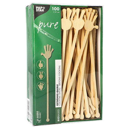 PAPSTAR 100 juomasekoitinta, bambus ”pure” PAPSTAR GmbH:lta: 100 ympäristöystävällistä, biohajoavaa bambutikkua (21 cm), käsin muotoiltu toisessa päässä, vihreässä laatikossa – biopohjainen ja kestävä.