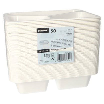 Pino 50 Starpak-mikroaaltouunivuokaa (PP), jokaisessa väliseinä, Starpak-merkillä harmaassa tarrassa, jossa on kierrätystietoja ja viivakoodi etupuolella; valmistettu uudelleenkäytettävästä polypropeenista.