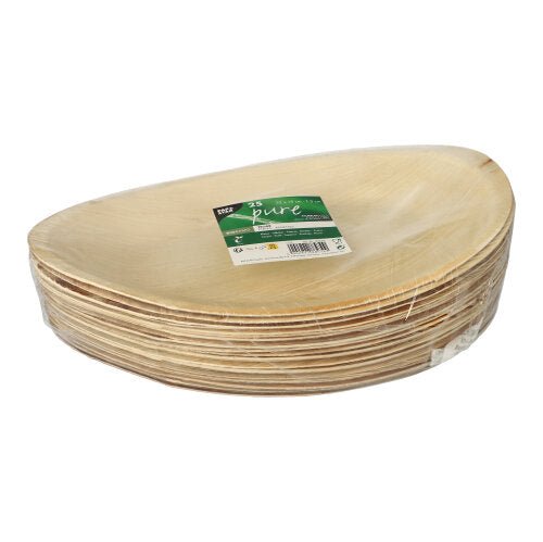Pino PAPSTAR 25 lautasia, palmulehti "pure" PAPSTAR GmbH - soikea, ympäristöystävällinen, biohajoava ja kirkkaassa muovipakkauksessa vihreä-valkoisella etiketillä.
