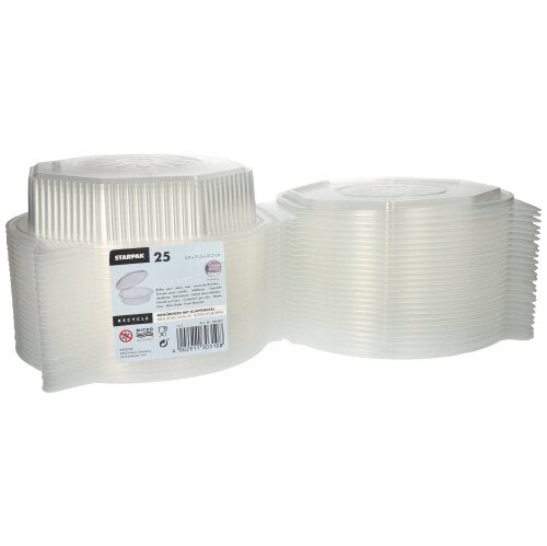 Kaksi pinoa Starpak 25 menu-laatikoita kääntökansilla, PP läpinäkyvä ja 8-kulmainen (5,9 x 21,5 x 21,5 cm) on kuvattu vierekkäin. Ihanteellinen elintarvikkeiden säilytykseen tai aterioiden tarjoiluun missä tahansa tapahtumassa.