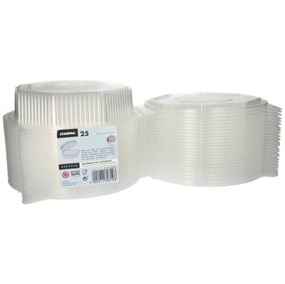 Kaksi pinoa Starpak 25 menu-laatikoita kääntökansilla, PP läpinäkyvä ja 8-kulmainen (5,9 x 21,5 x 21,5 cm) on kuvattu vierekkäin. Ihanteellinen elintarvikkeiden säilytykseen tai aterioiden tarjoiluun missä tahansa tapahtumassa.