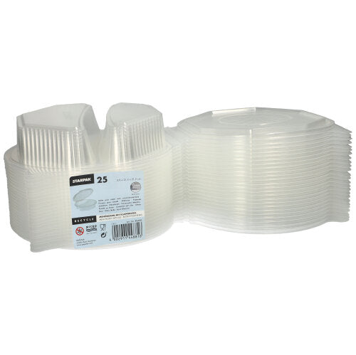 Näytetään pino 25 Starpak menu-laatikkoa kääntökansilla, läpinäkyvästä PP:stä (8-kulmainen, 5,9 x 21,5 x 21,5 cm). Etiketti sisältää merkkitiedot ja käyttöohjeet – ihanteellinen elintarvikkeiden säilytykseen tai tarjoiluun.