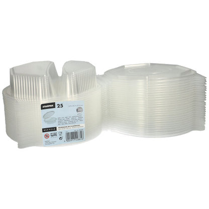 Näytetään pino 25 Starpak menu-laatikkoa kääntökansilla, läpinäkyvästä PP:stä (8-kulmainen, 5,9 x 21,5 x 21,5 cm). Etiketti sisältää merkkitiedot ja käyttöohjeet – ihanteellinen elintarvikkeiden säilytykseen tai tarjoiluun.