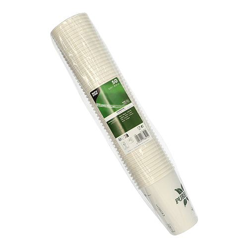 Pakkaus, jossa on 50 valkoista PAPSTAR Pure Joy pahvimukia (Ø 8 cm, 10,8 cm korkea) PAPSTAR GmbH:lta, pakattu kirkkaaseen muoviin vihreä-valkoisella etiketillä, jossa on tuotetiedot ja brändäys.