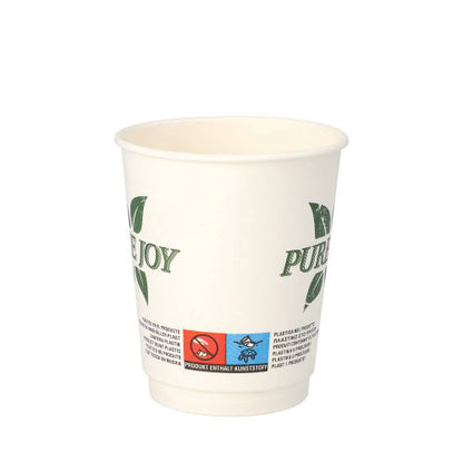 PAPSTAR kaksiseinäinen juomamuki (8 cm, valkoinen, "Pure Joy") PAPSTAR GmbH:ltä sisältää vihreän lehtikuvion, ympäristömerkit pohja-alueella ja tarjoaa ympäristöystävällisen vaihtoehdon 20 kappaleen pakkauksessa.