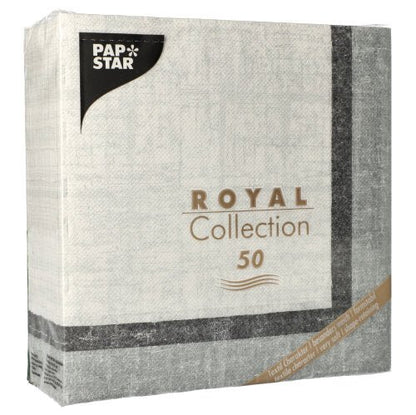 PAPSTAR GmbH:n "ROYAL Collection"-paketti sisältää 50 korkealaatuista lautasliinaa (40 x 40 cm, 1/4-taitos) pääosin valkoisessa ja harmaassa pakkauksessa, korostettuna kultaisella ja mustalla tekstillä.