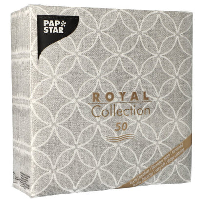 Eine quadratische Packung PAPSTAR 50 Servietten "ROYAL Collection" 1/4-Falz 40 x 40 cm grau der PAPSTAR GmbH, mit hochwertigen Servietten in grau aus der Royal Collection.