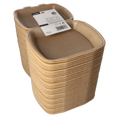 Starpak 50 Menuboxit taitettavalla kannella, beige, XPP:stä (7 x 20,5 x 24 cm), kätevä ruoan kuljetukseen. Pakkauksessa on mustavalkoinen etiketti ja se sisältää 50 laatikkoa.