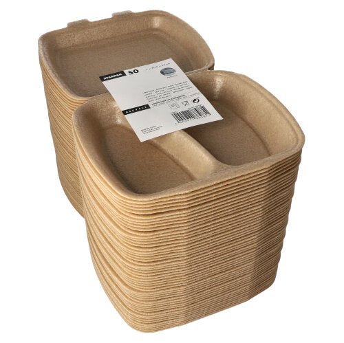 Pino suorakulmaisia, beigensävyisiä Starpak 50 Menuboxeja taitettavalla kannella (XPP, 7x20,5x24 cm) kahdella lokerolla on kuvattu ylhäältä päin. Ylimmässä laatikossa on valkoinen etiketti tekstillä ja viivakoodilla. Ihanteellinen elintarvikkeiden kuljetukseen.