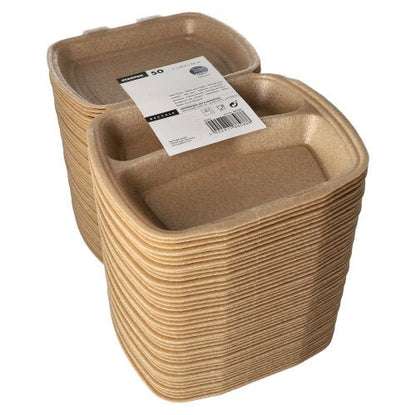 Pino beigensävyisiä Starpak 50 Menuboxeja taitettavalla kannella (XPP, 7x20,5x24 cm) valkoisella etiketillä, jossa on tuotetietoja ja viivakoodeja. Laatikot ovat hieman kohotettuja reunoiltaan ja sopivat erinomaisesti ruoan kuljetukseen.