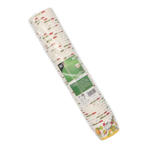 50 kappaleen pino PAPSTAR jäätelökulhoja, pyöreä kartonki PAPSTAR GmbH:lta, pakattu kalvoon. Värikkäät hedelmä- ja vihanneskuviot alareunassa tekevät niistä täydellisiä jälkiruokiin kuten jäätelökulhoihin.