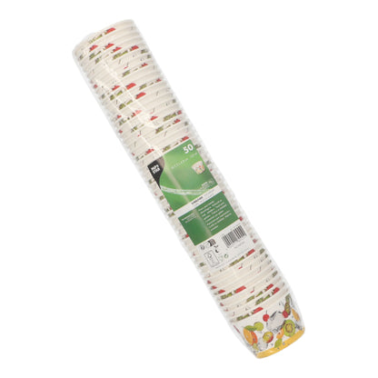 50 kappaleen pino PAPSTAR jäätelökulhoja, pyöreä kartonki PAPSTAR GmbH:lta, pakattu kalvoon. Värikkäät hedelmä- ja vihanneskuviot alareunassa tekevät niistä täydellisiä jälkiruokiin kuten jäätelökulhoihin.