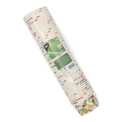 PAPSTAR GmbH:n 50 jäätelökulhoa ”pyöreä kartonki” toimitetaan muovipakkauksessa, jossa on vihreä etiketti ja kuvitetut vihanneskuviot – täydelliset kertakäyttöiset kartonkikulhot jälkiruokiin tai jäätelökulhoiksi seuraavaan kokoontumiseesi.