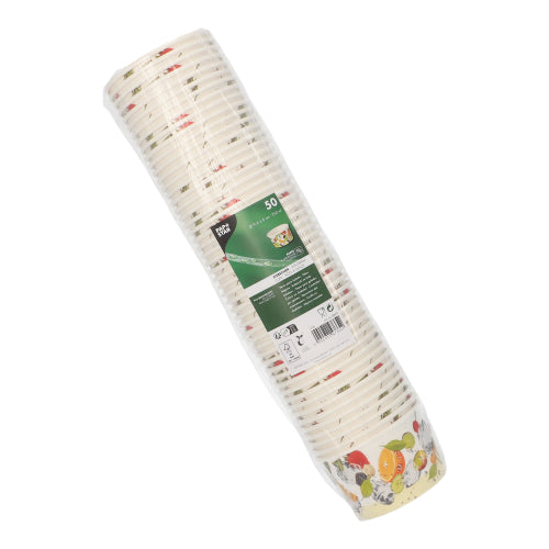 Tiiviisti pakattu PAPSTAR 50 jäätelökulhoa, pyöreä kartonki PAPSTAR GmbH:lta, hedelmä- ja vihanneskuvioilla, on ihanteellinen jäätelön tarjoiluun. Vihreä tuotetarra on pakkauksessa hyvin näkyvissä.