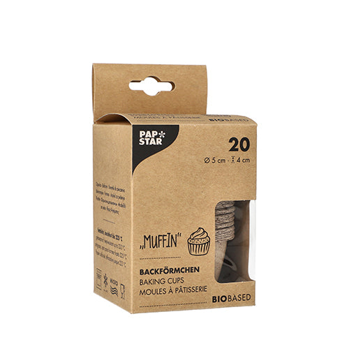 PAPSTAR 20 muffinsivuokaa (5 cm Ø, 4 cm korkea) on valmistettu tuorekuiduista ja kaakaokuorista. Pakattu taittolaatikkoon, jossa on ikkunallinen kansi ja monikielistä informaatiomateriaalia. Merkki: PAPSTAR GmbH.