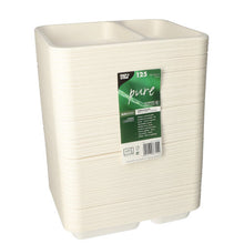 Ein Stapel PAPSTAR 125 Siegelschalen aus nachhaltigem Zuckerrohr mit zwei Fächern ist vertikal zu sehen. Das vordere grün-weiße Etikett zeigt die Marke PAPSTAR GmbH und 125 biologisch abbaubare Schalen pro Packung.